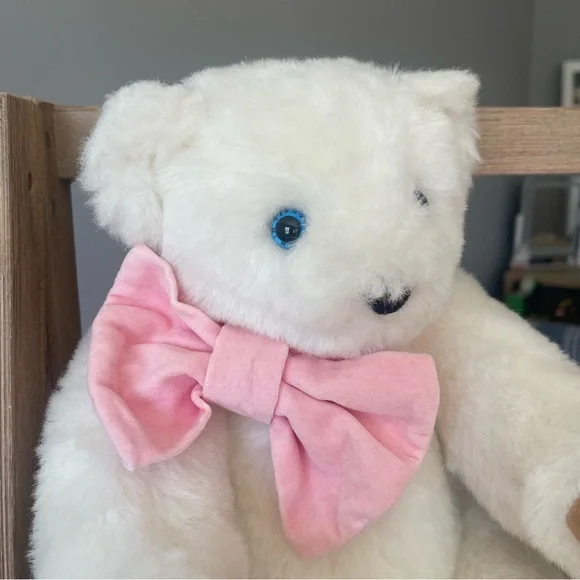 Cute Fluffy White Jointed Plush Bear with Pink Velvet Bow - Picture 2 of 13